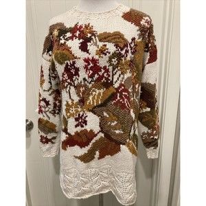 Vtg Casual Corner Tunic Sweater Cream & Fall Leaves SZ L Detail Hem Cottagecore